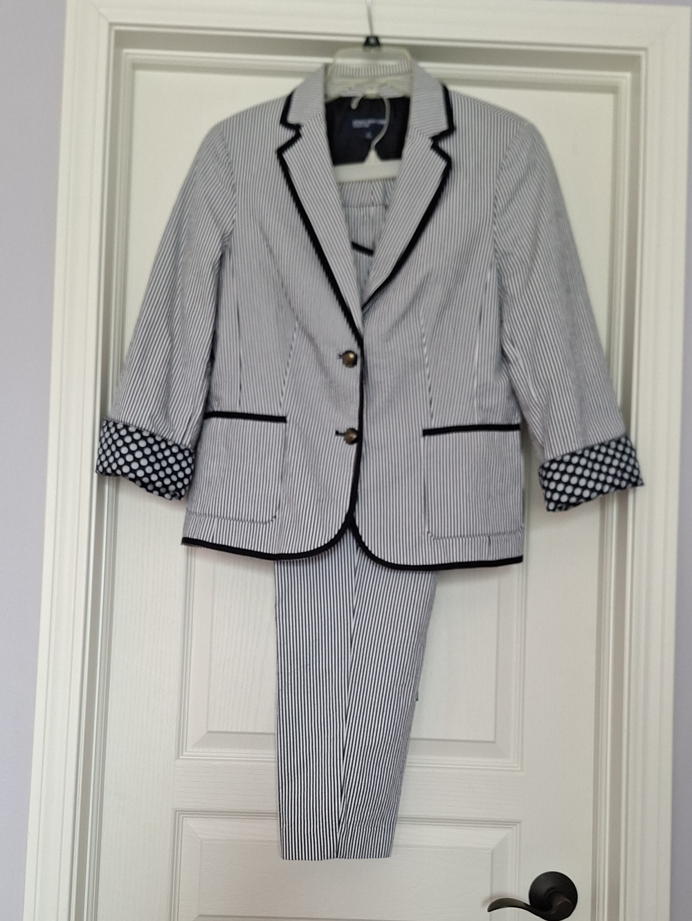 Jones New York Suit Navy and White Pinstripe Blazer with Polka-Dot Cuffs